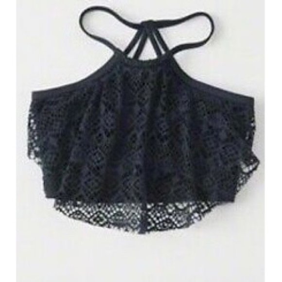 ABERCROMBIE KIDS Navy Blue Lace High-Neck Swim Top